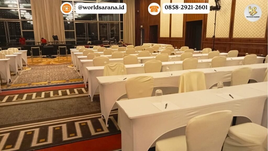 SEWA MEJA IBM 180CM DENGAN COVER STRETCH AREA JAKARTA PUSAT
